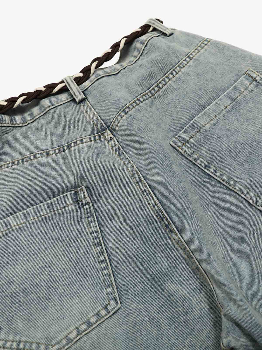 Denim Retro Belt Detail With Patchwork Barrel Jeans - 2490