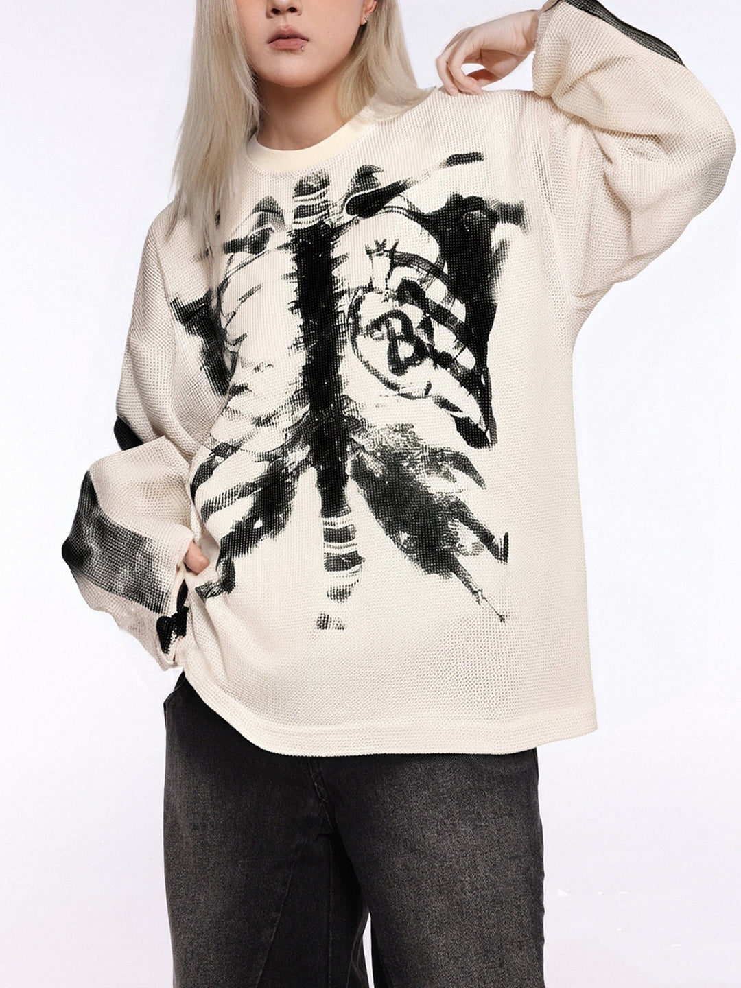 Skeleton Graphic Waffle Sweatshirt – Spooky Halloween Vibes