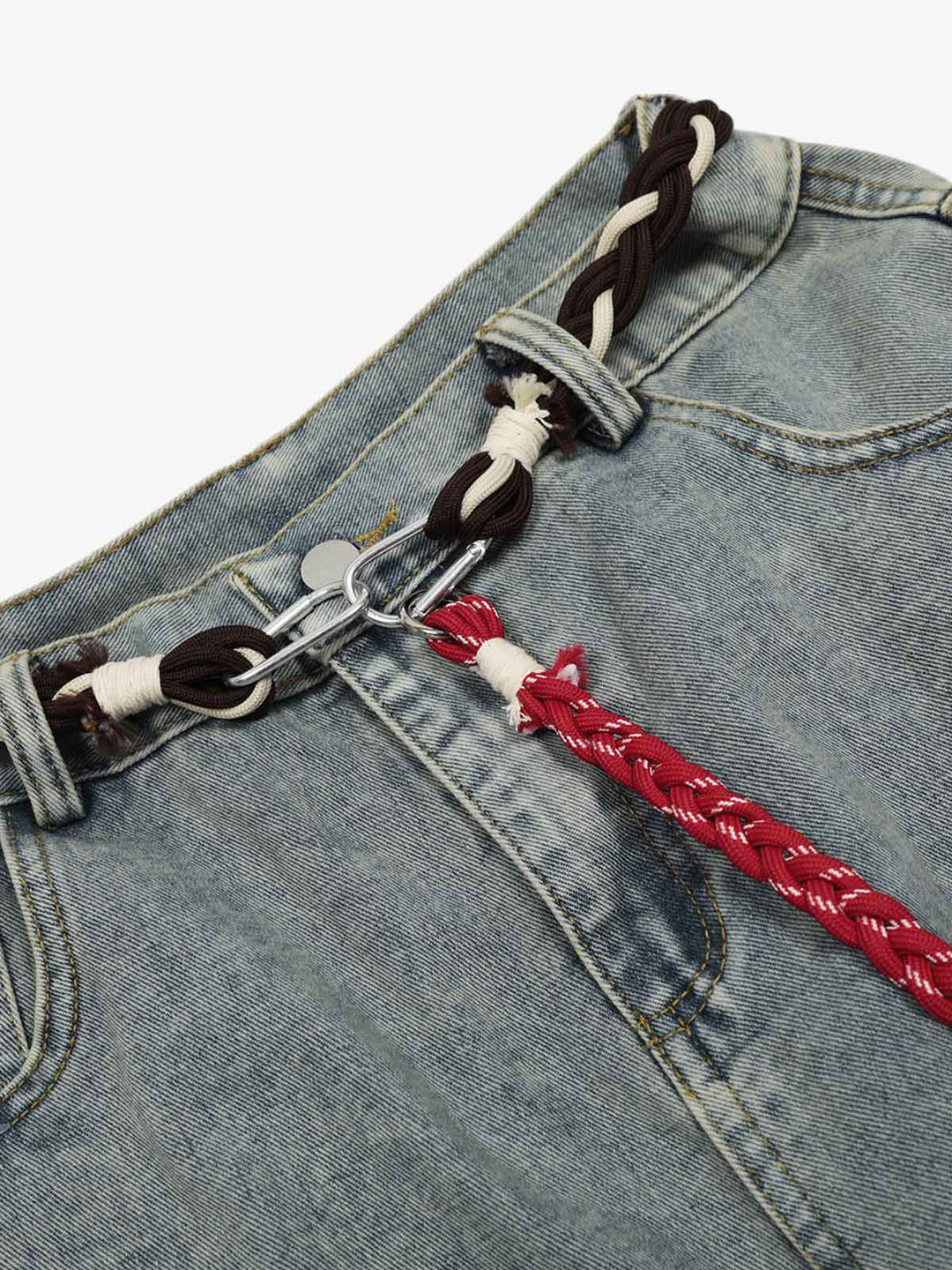 Denim Retro Belt Detail With Patchwork Barrel Jeans - 2490