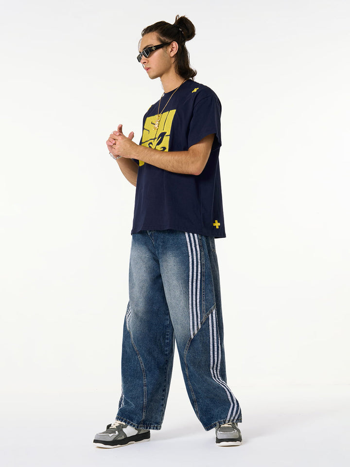 Denim Contrast Striped Stitching Barrel Jeans