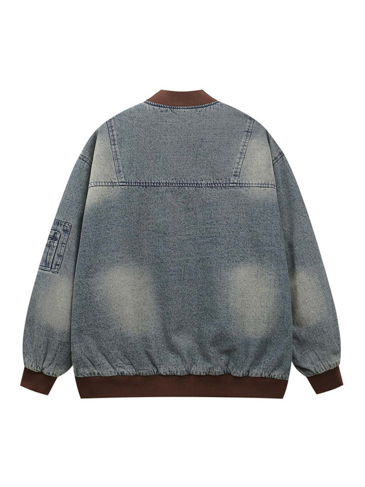 Alphabet Patch Embroidered Quilted Denim Bomber Jacket - 2311