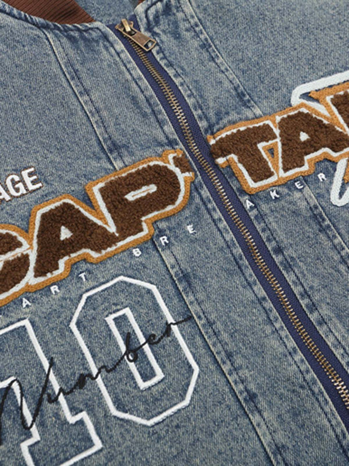 Alphabet Patch Embroidered Quilted Denim Bomber Jacket - 2311