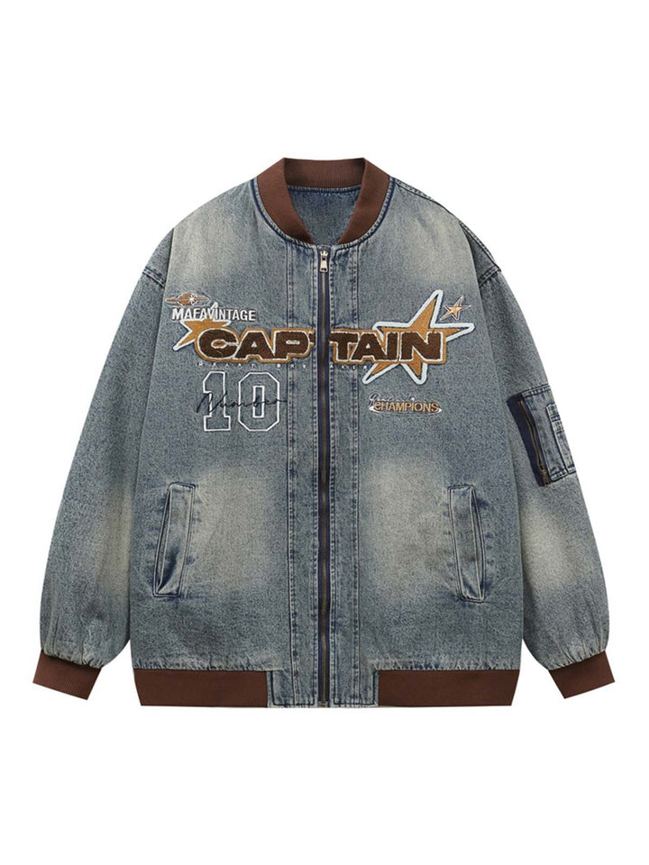 Alphabet Patch Embroidered Quilted Denim Bomber Jacket - 2311