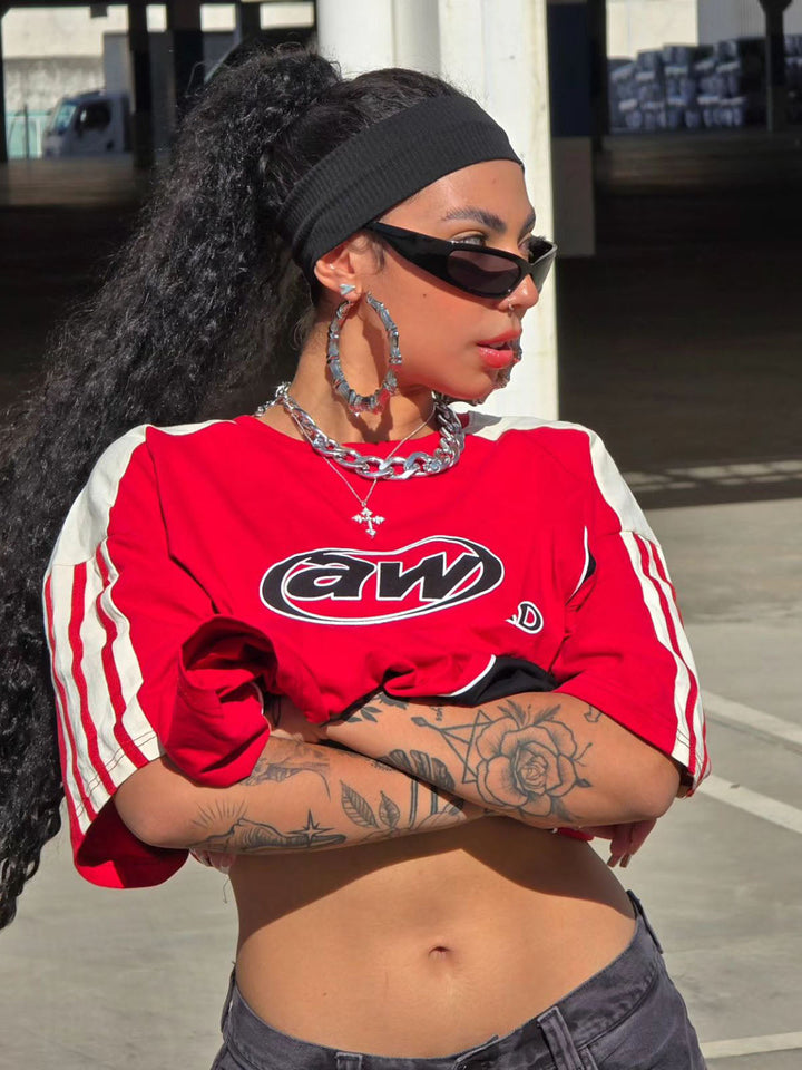 Color-Blocked Strip Racing T-shirt - 2076