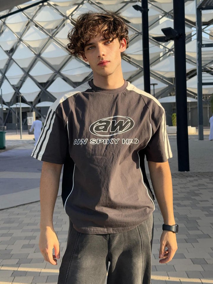 Color-Blocked Strip Racing T-shirt - 2076