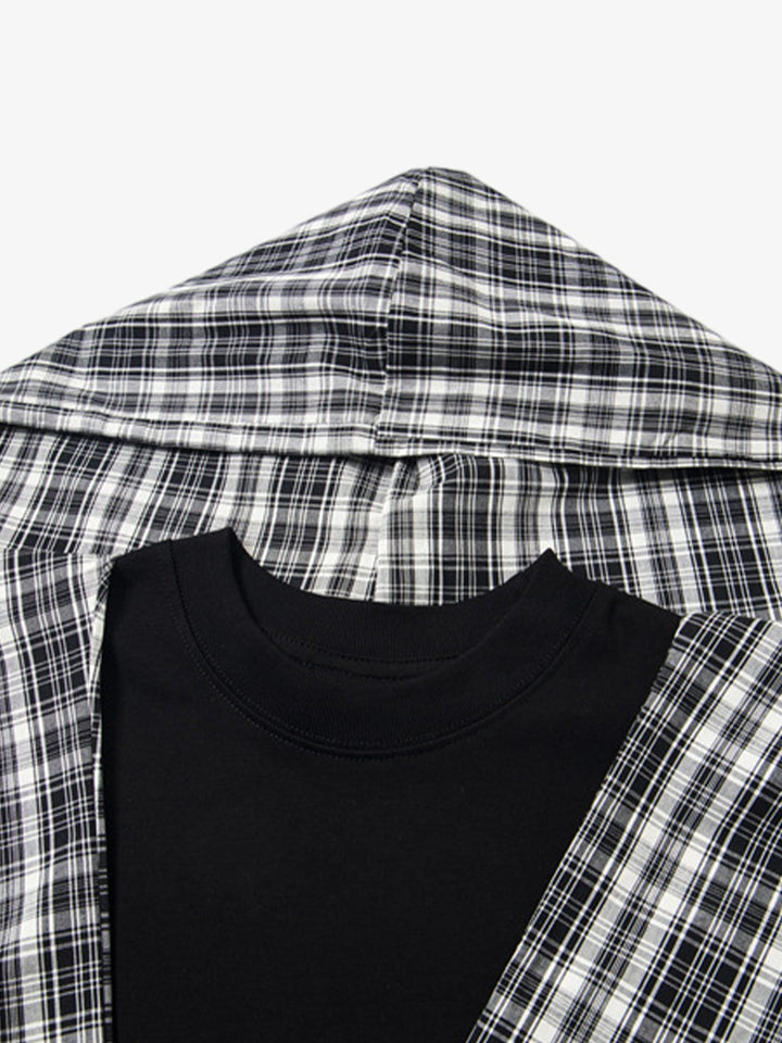 Detachable Badge Hooded Plaid Cape T-shirt