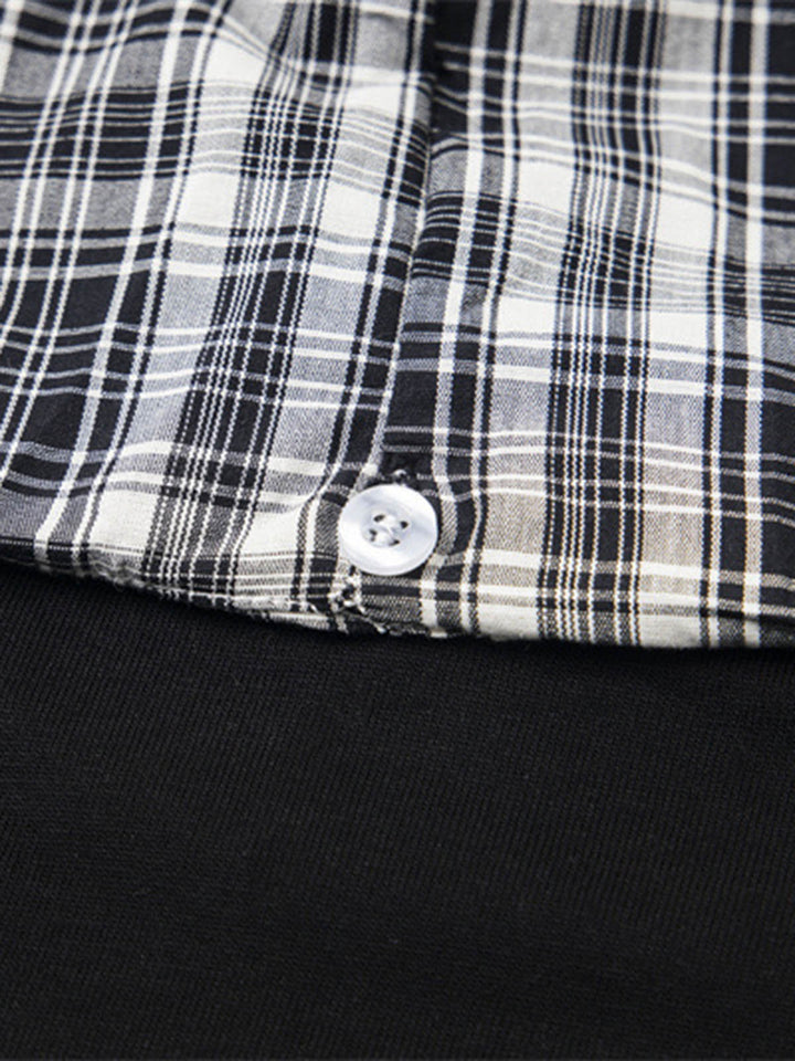 Detachable Badge Hooded Plaid Cape T-shirt