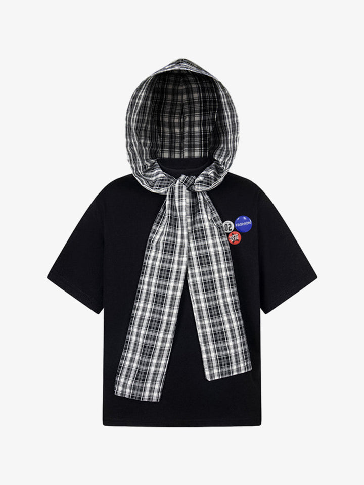 Detachable Badge Hooded Plaid Cape T-shirt