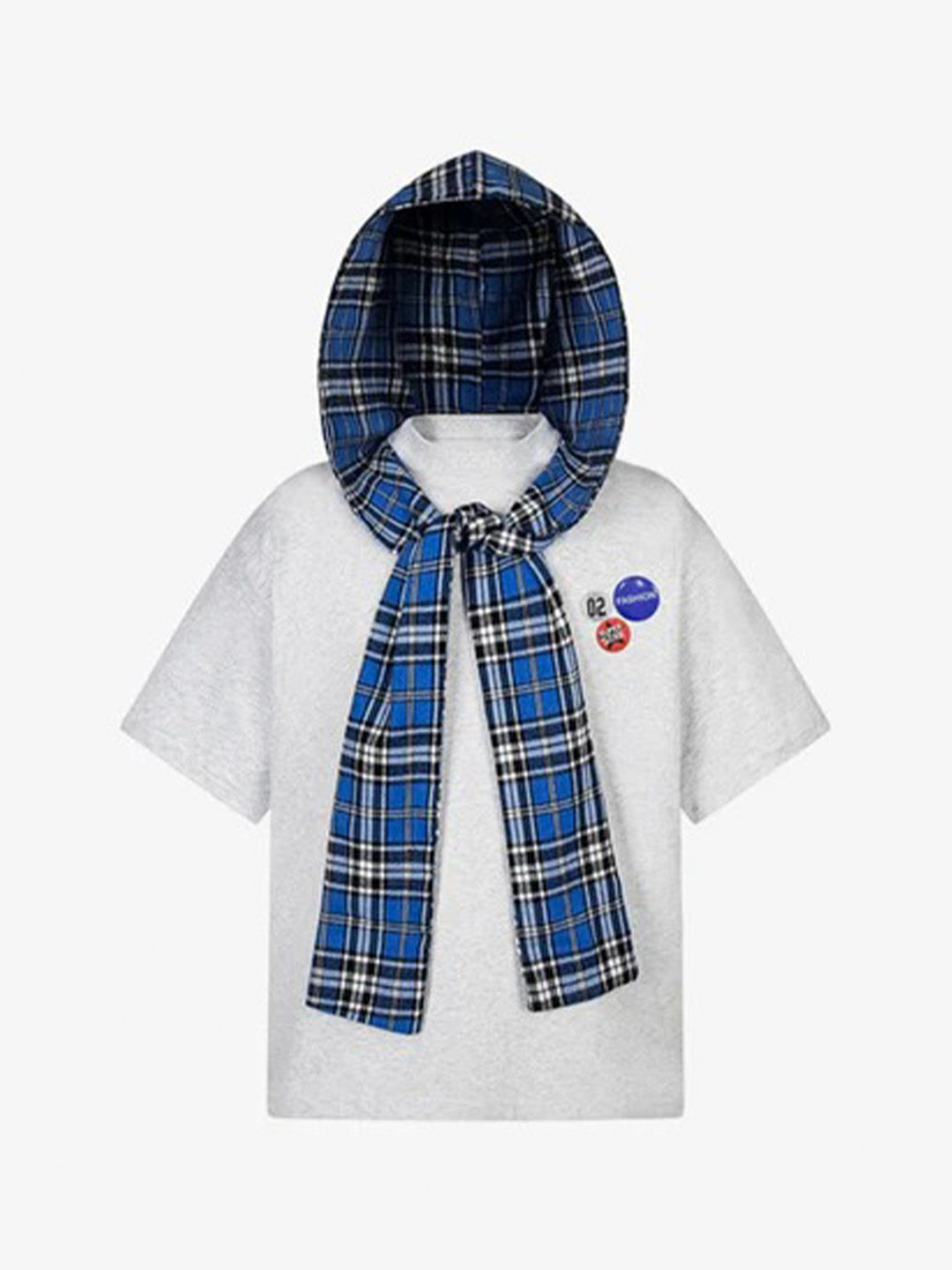Detachable Badge Hooded Plaid Cape T-shirt