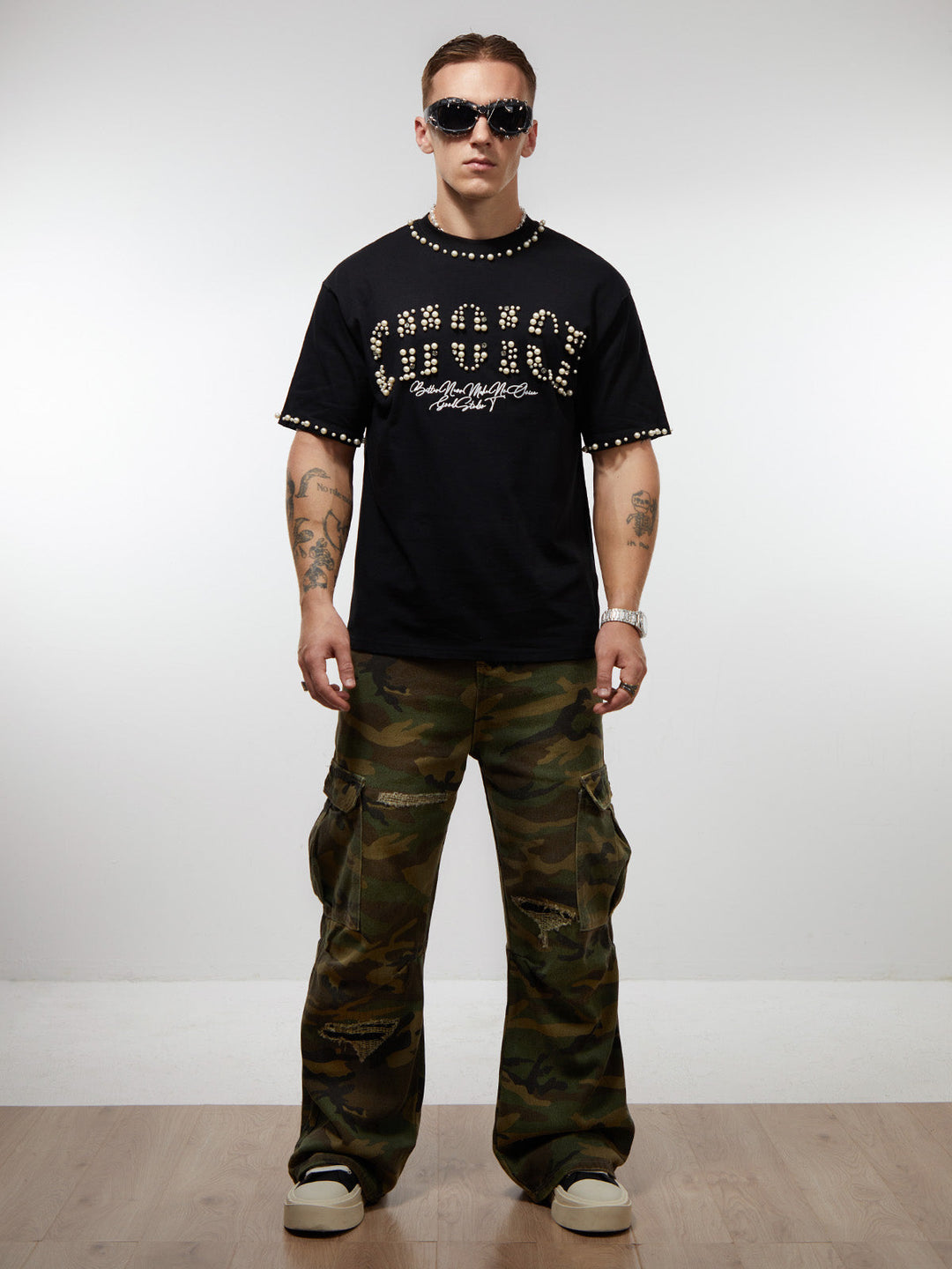 Elegant Pearl-Embellished Oversized T-Shirt