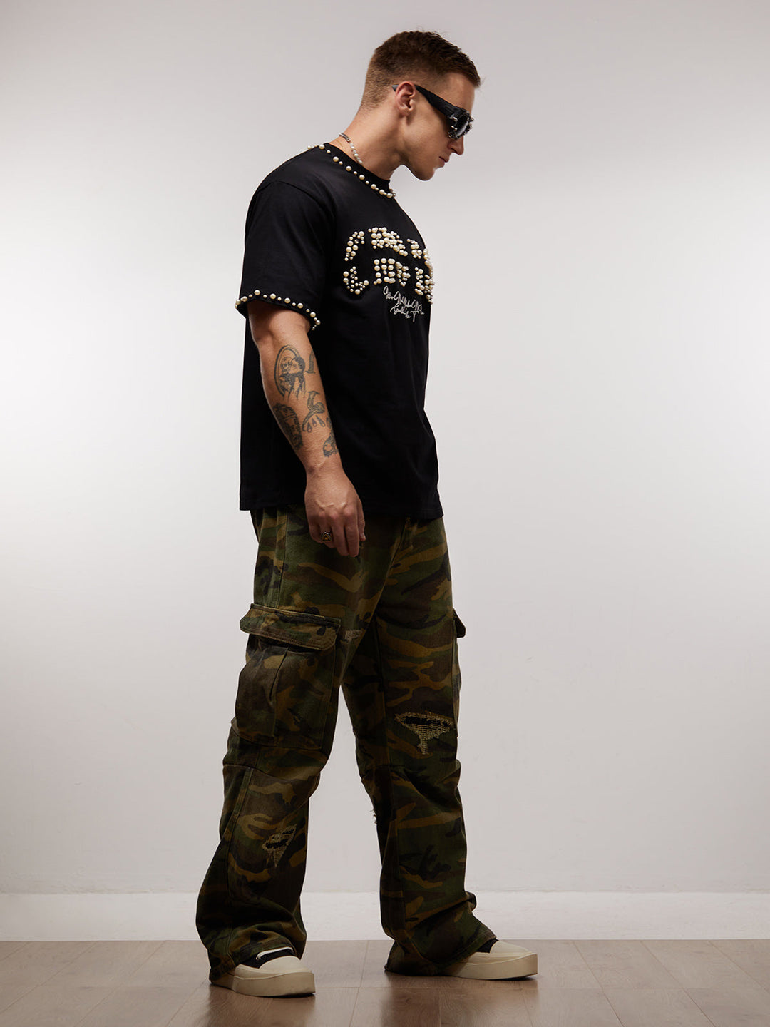 Elegant Pearl-Embellished Oversized T-Shirt