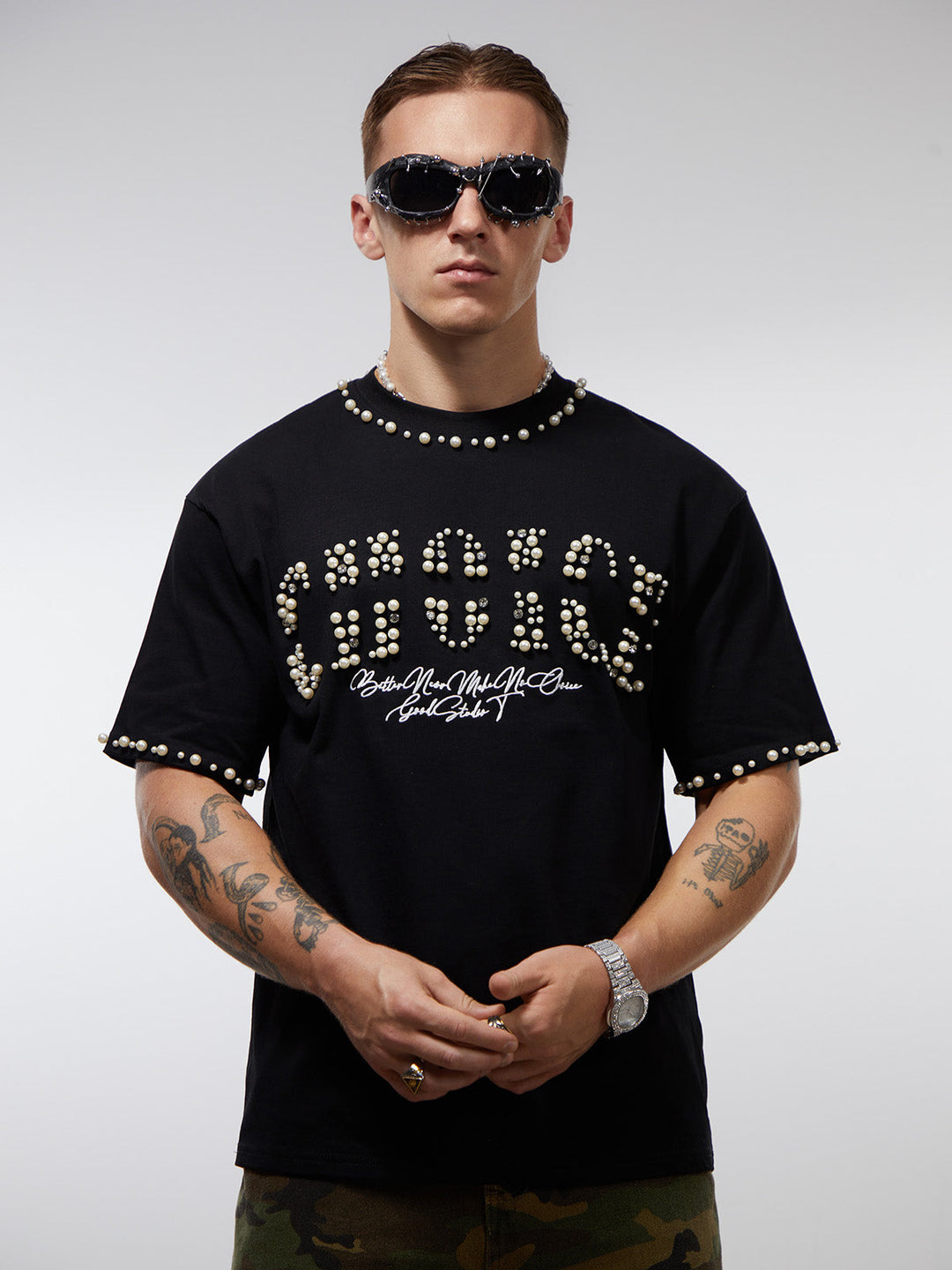 Elegant Pearl-Embellished Oversized T-Shirt