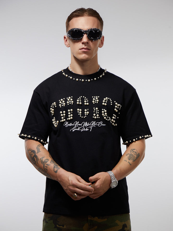 Elegant Pearl-Embellished Oversized T-Shirt