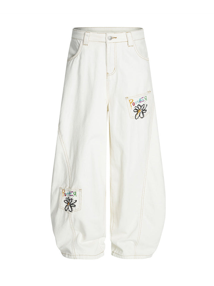 Embroidered Floral Patches Barrel Jeans