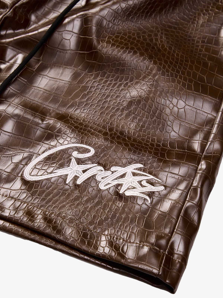 Letter Embroidered Leather Shorts