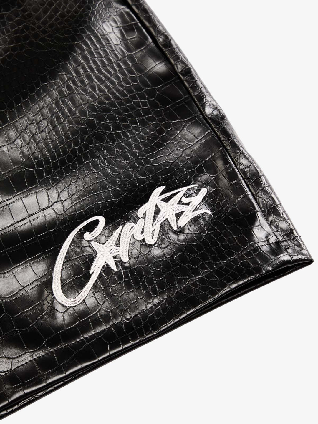 Letter Embroidered Leather Shorts