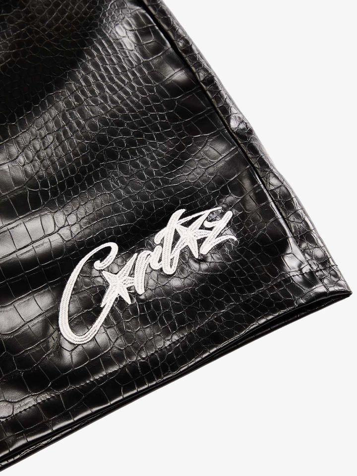 Letter Embroidered Leather Shorts