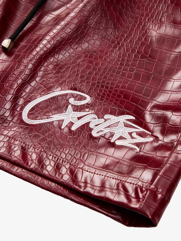 Letter Embroidered Leather Shorts