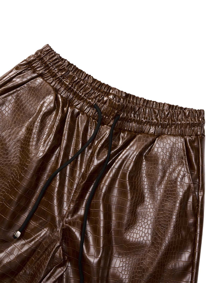 Letter Embroidered Leather Shorts