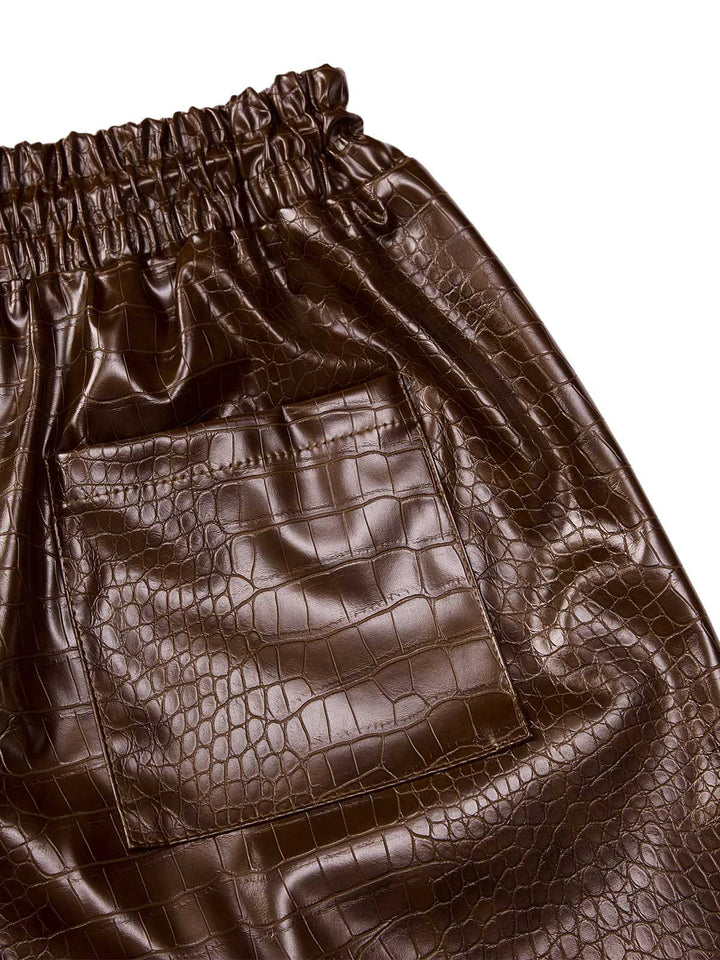 Letter Embroidered Leather Shorts