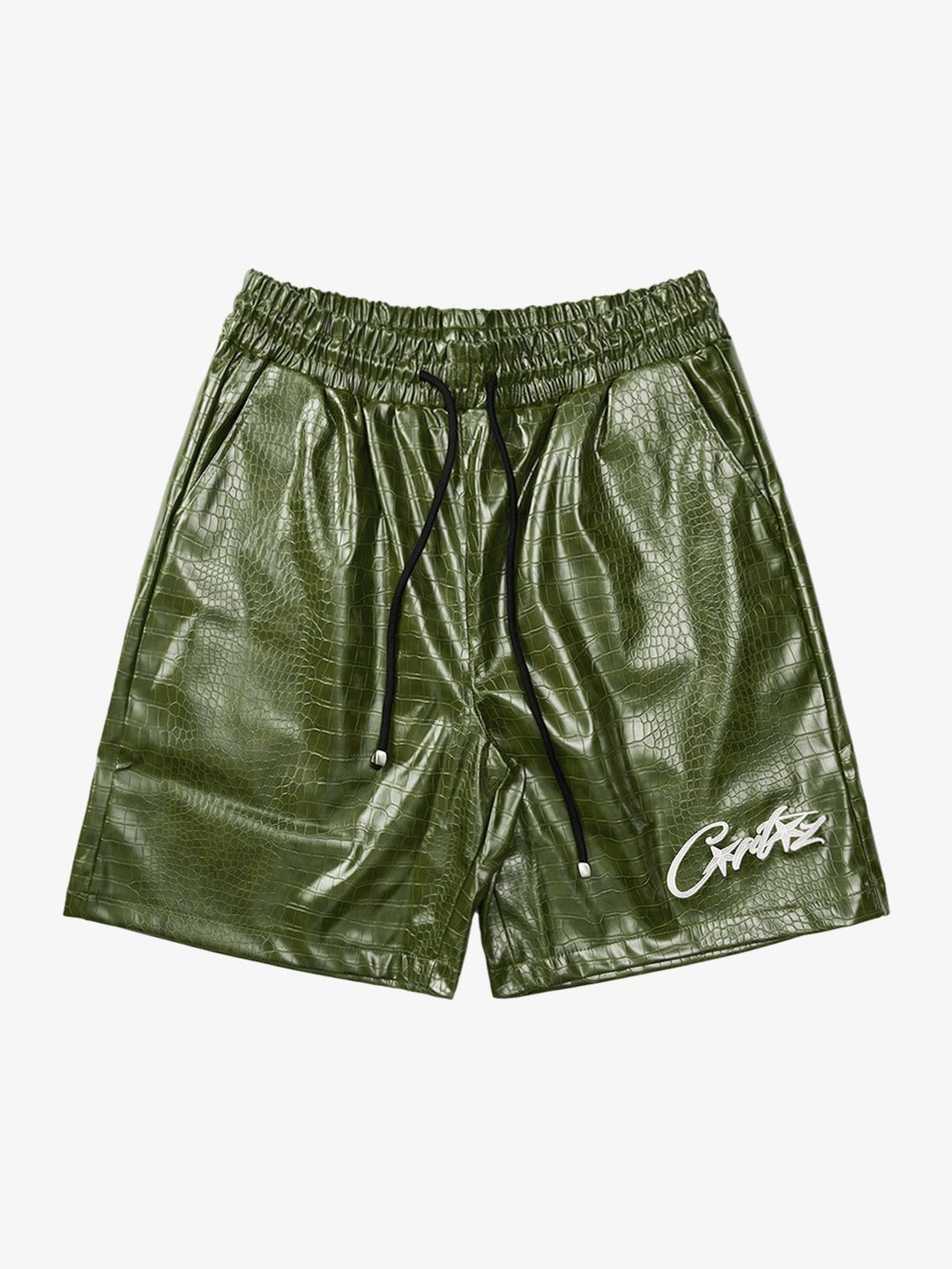 Letter Embroidered Leather Shorts