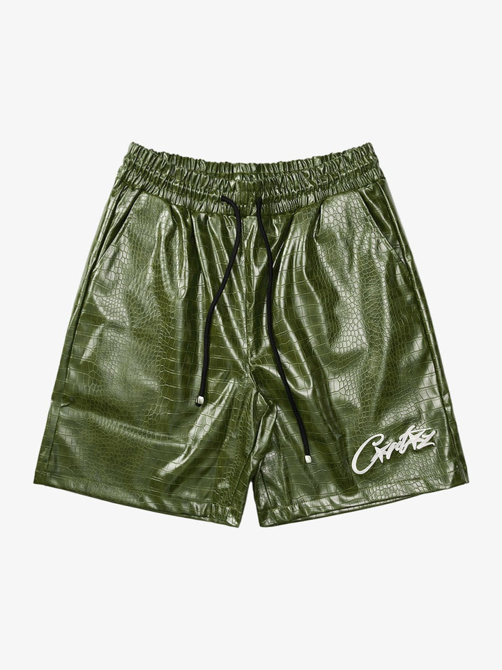 Letter Embroidered Leather Shorts