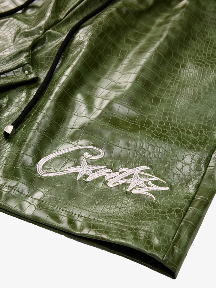 Letter Embroidered Leather Shorts