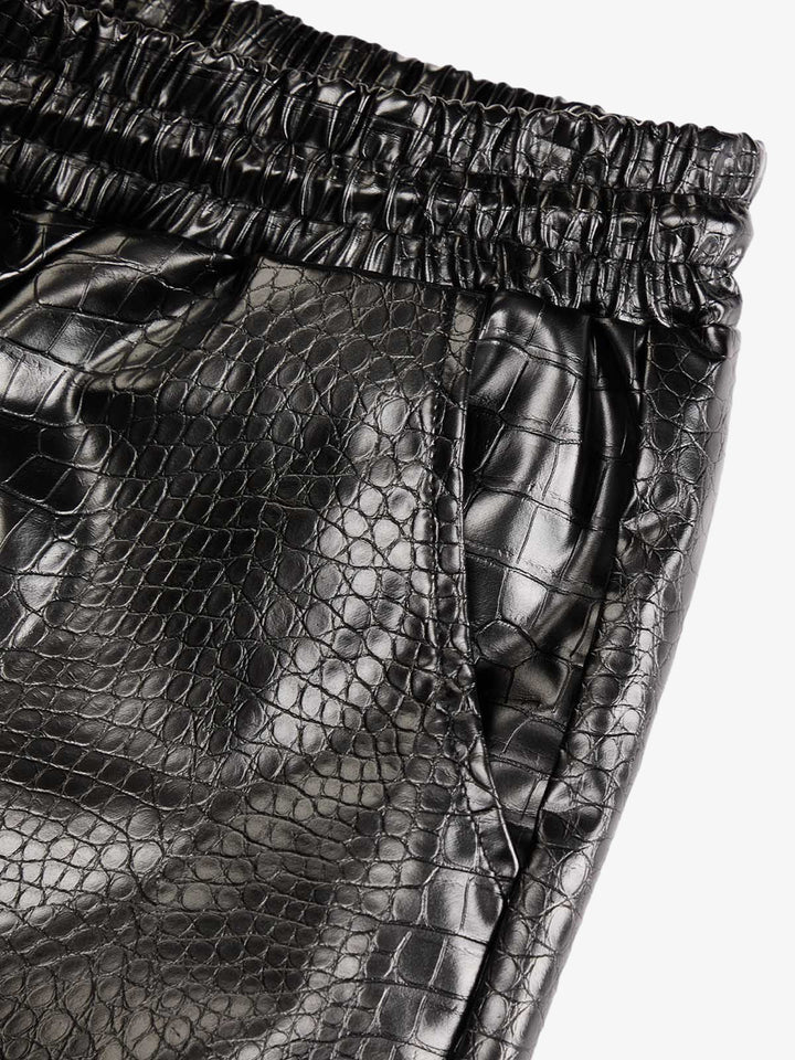 Letter Embroidered Leather Shorts