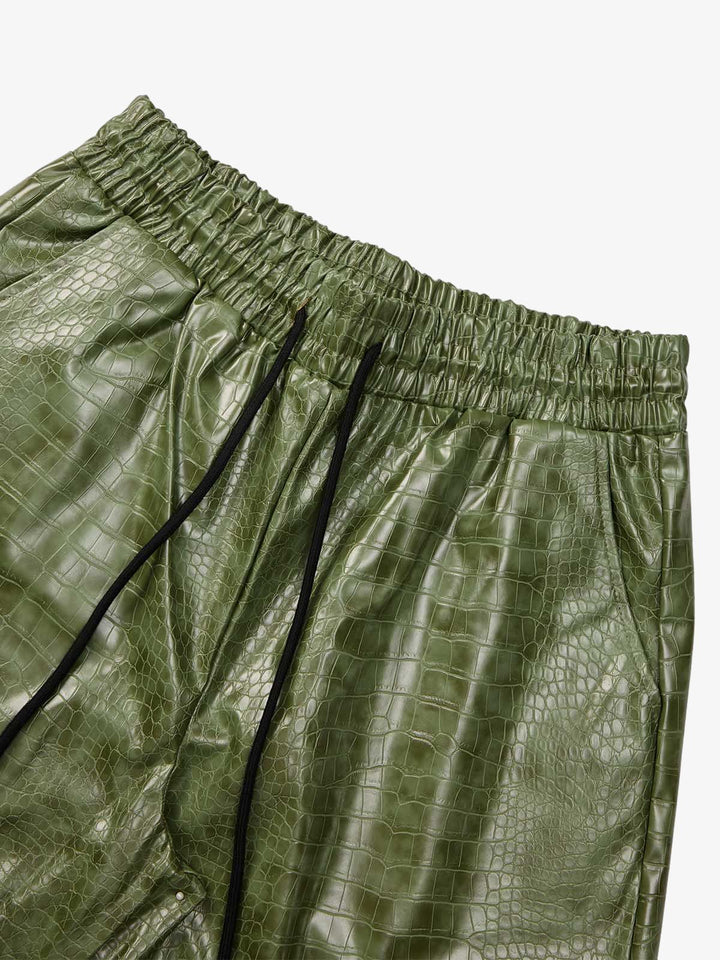 Letter Embroidered Leather Shorts