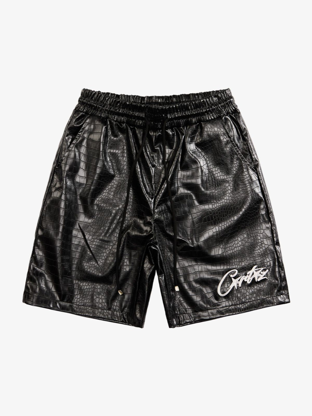 Letter Embroidered Leather Shorts