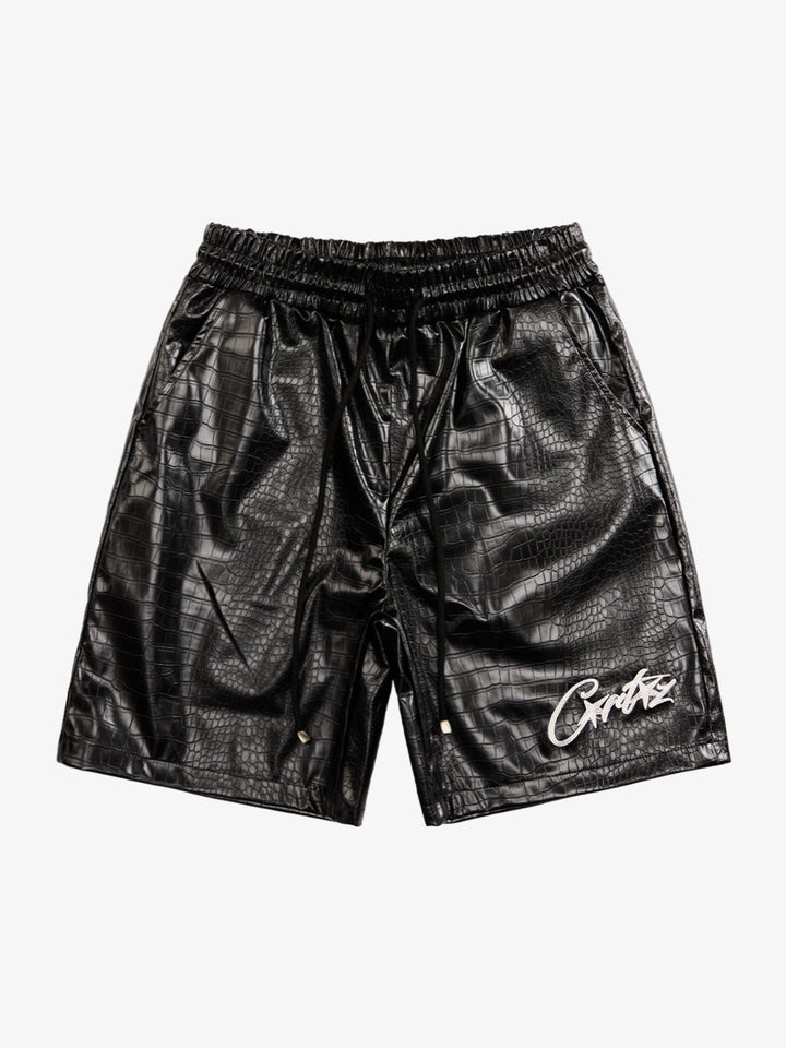 Letter Embroidered Leather Shorts