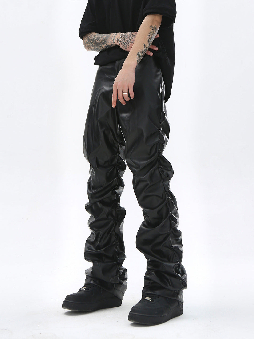 Punk Style Pleated Leather Pants - 2195