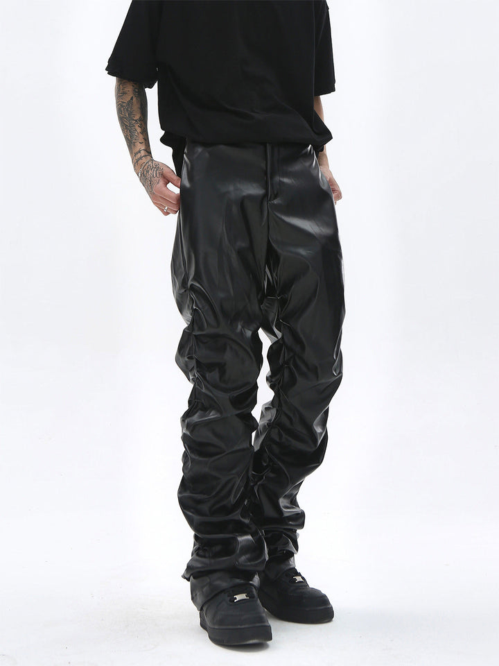 Punk Style Pleated Leather Pants - 2195
