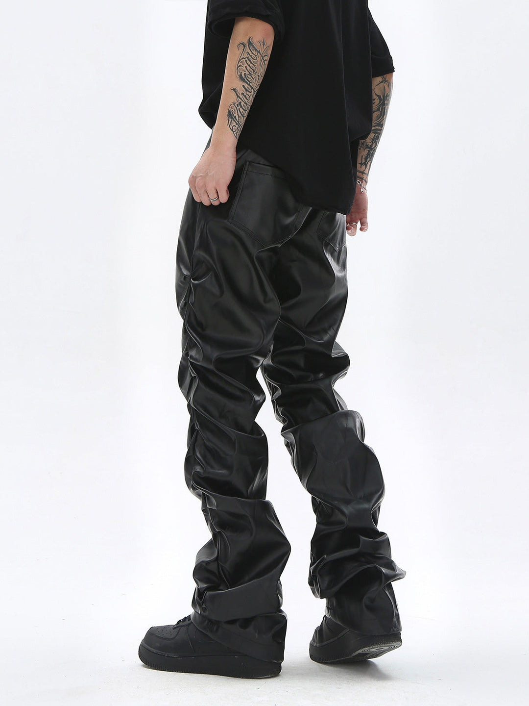 Punk Style Pleated Leather Pants - 2195