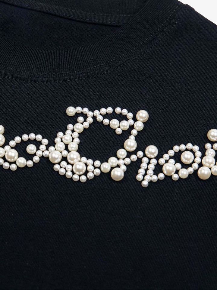 Retro Embroidery Beaded Letter Print T-shirt