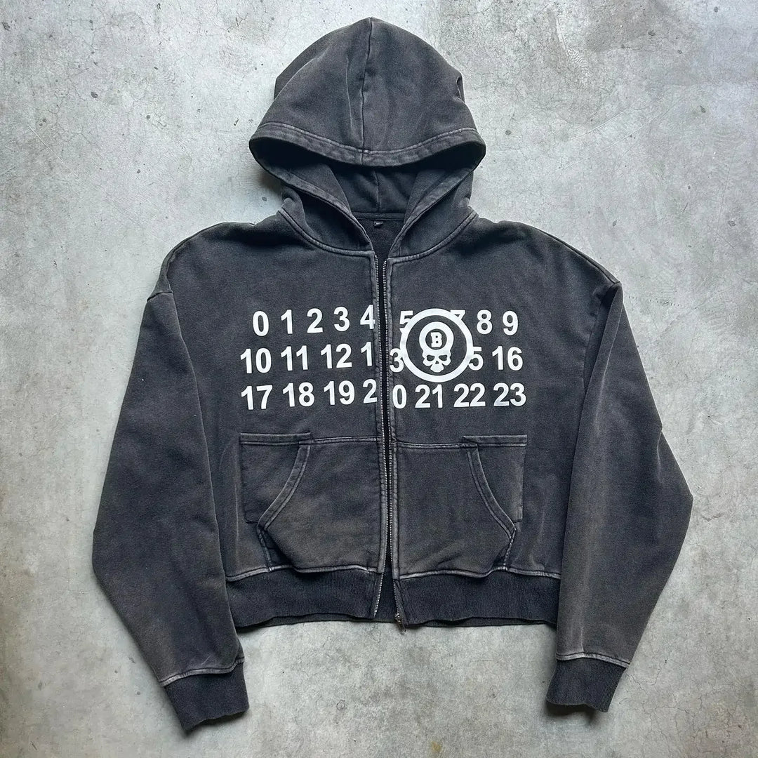 'Cipher' Vintage Skeleton Print Zip Hoodie