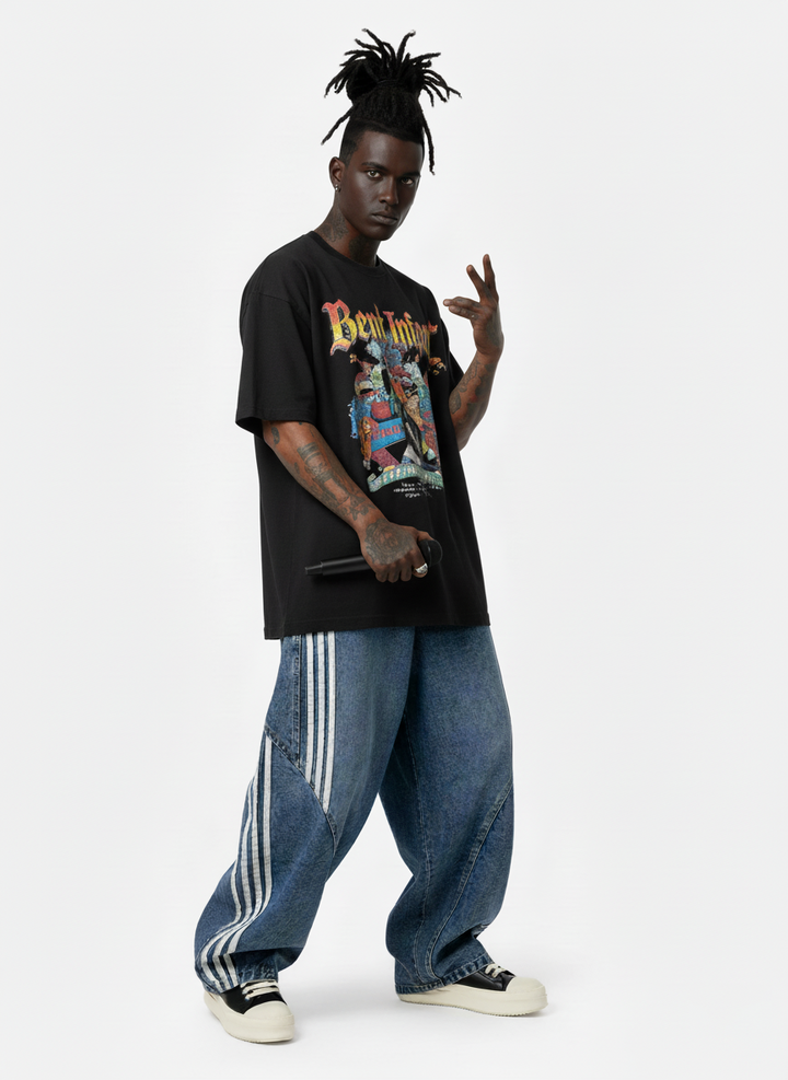 Denim Contrast Striped Stitching Barrel Jeans