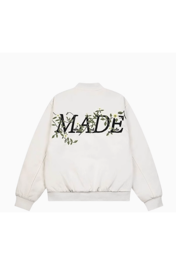 'Solace' Letter Flower Print Baseball Jacket