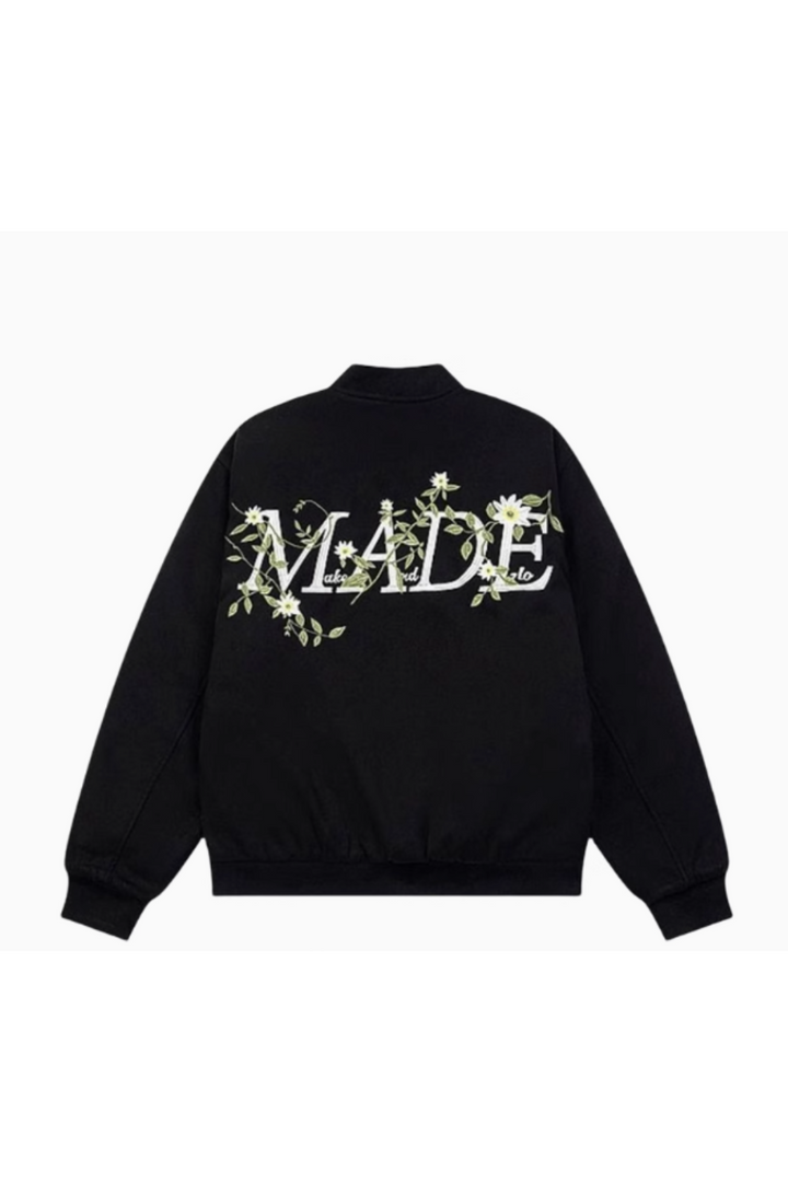 'Solace' Letter Flower Print Baseball Jacket