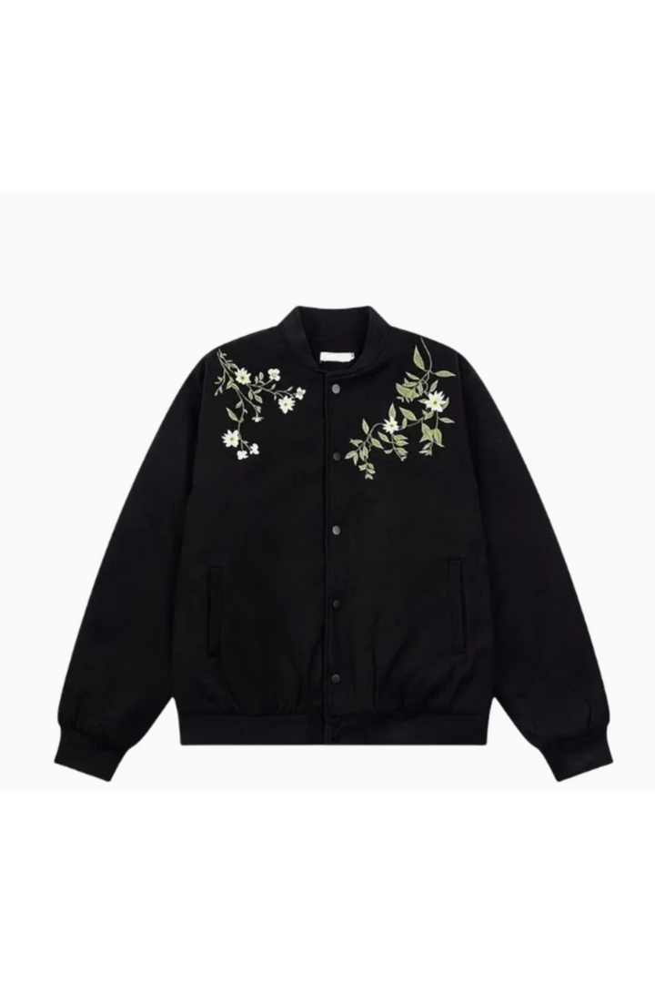 'Solace' Letter Flower Print Baseball Jacket