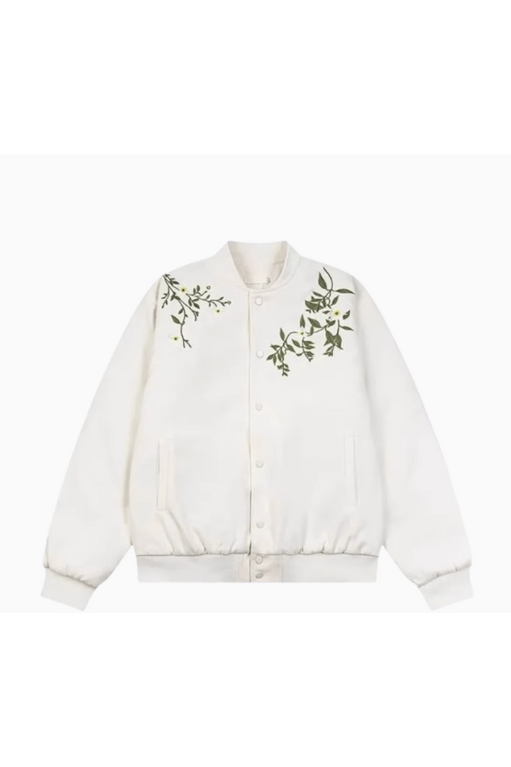 'Solace' Letter Flower Print Baseball Jacket