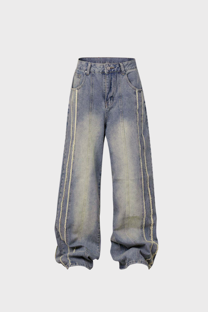 Washed Distressed Raw Edge Baggy Jeans