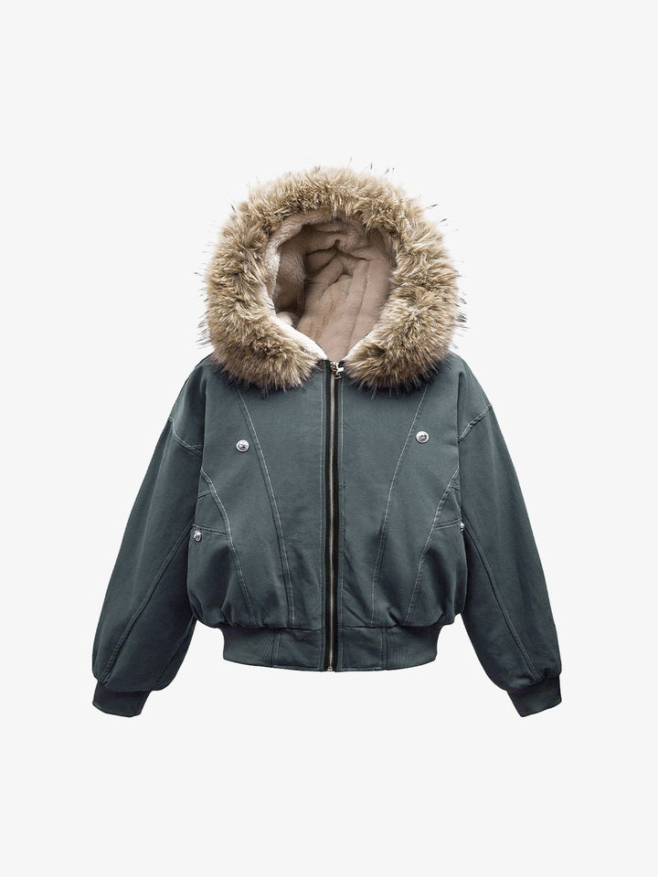 Faux Fur Lined Zip Up Hooded Bomber Jacket