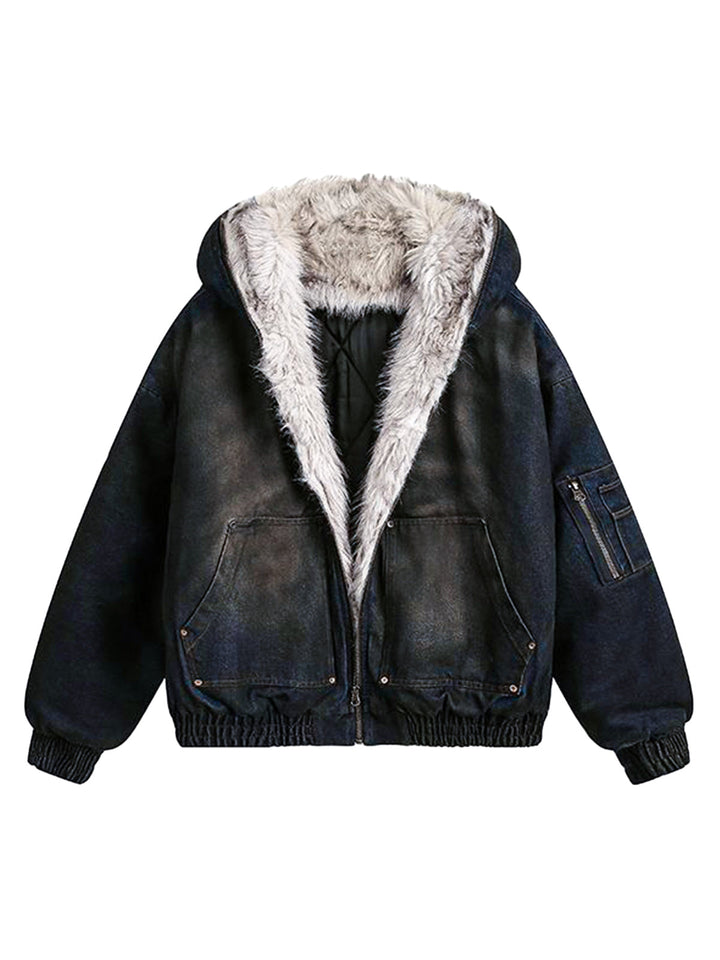 Washed Denim Fur Hooded Jacket - 2265