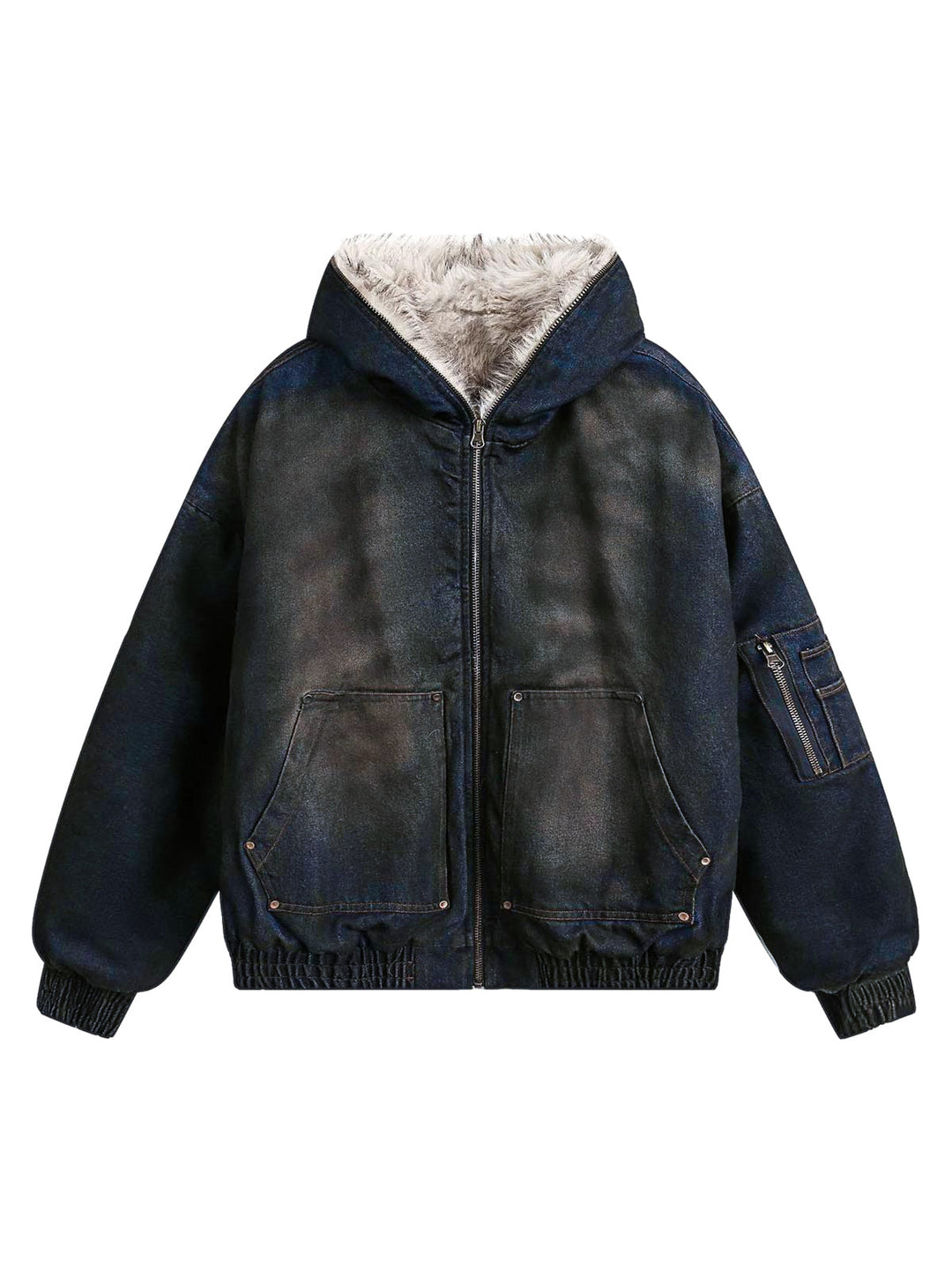 Washed Denim Fur Hooded Jacket - 2265