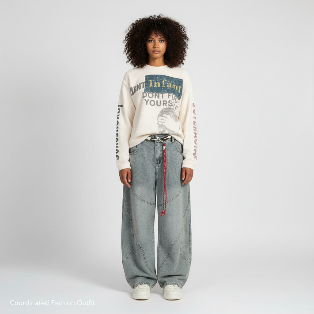 Knit Graphic Crewneck Sweatshirt - Apricot