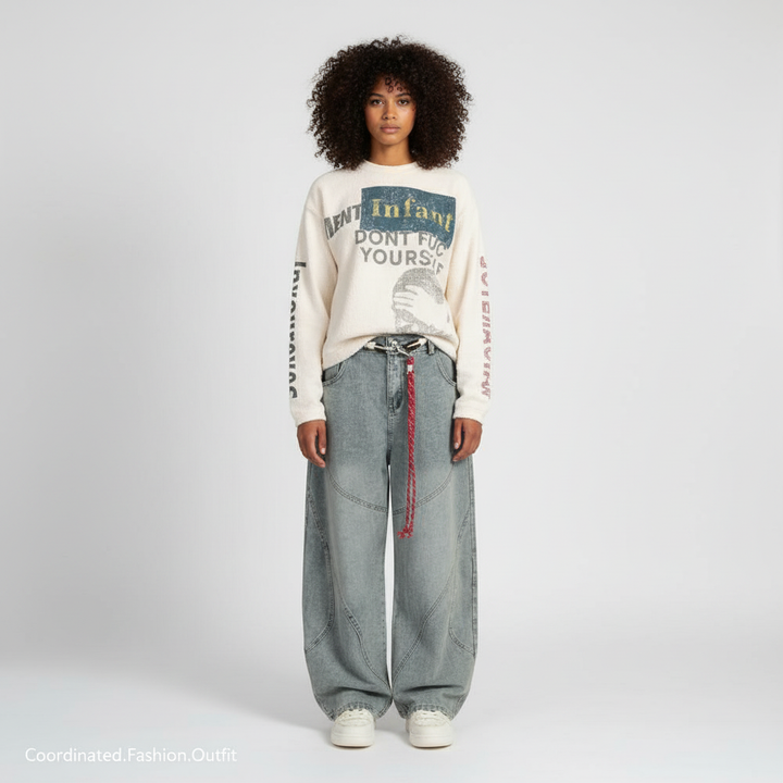 Knit Graphic Crewneck Sweatshirt - Apricot