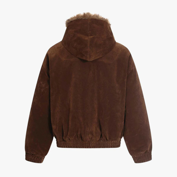 Streetwear Metal Clip Faux Fur Hooded Suede Bomber Jacket