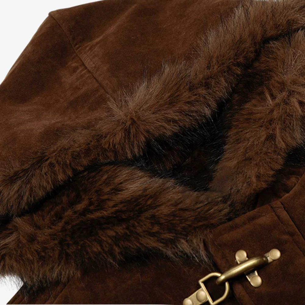 Streetwear Metal Clip Faux Fur Hooded Suede Bomber Jacket