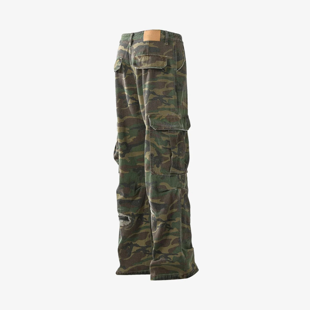 Woven Ripped Camouflage Flared Cargo Pants